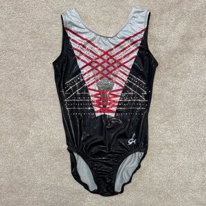 Black and Silver GK Gymnastics Leotard with Red Accents